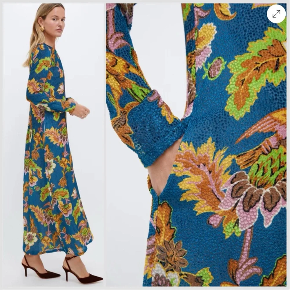 La DoubleJ Long Sleeve Swing Maxi Dress – Lark Blue Sovereign Print, Small 4/6 - Picture 2 of 11